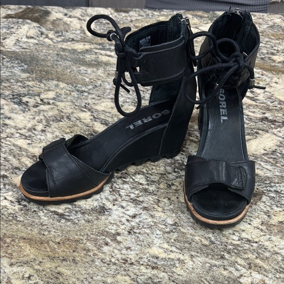 Sorel Black Joanie Leather Ankle Tie Wedge Sandals - Picture 1 of 5